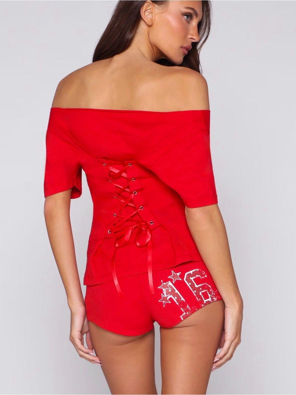 REVICE Red Off-the-Shoulder Lace-Up Top + bottom